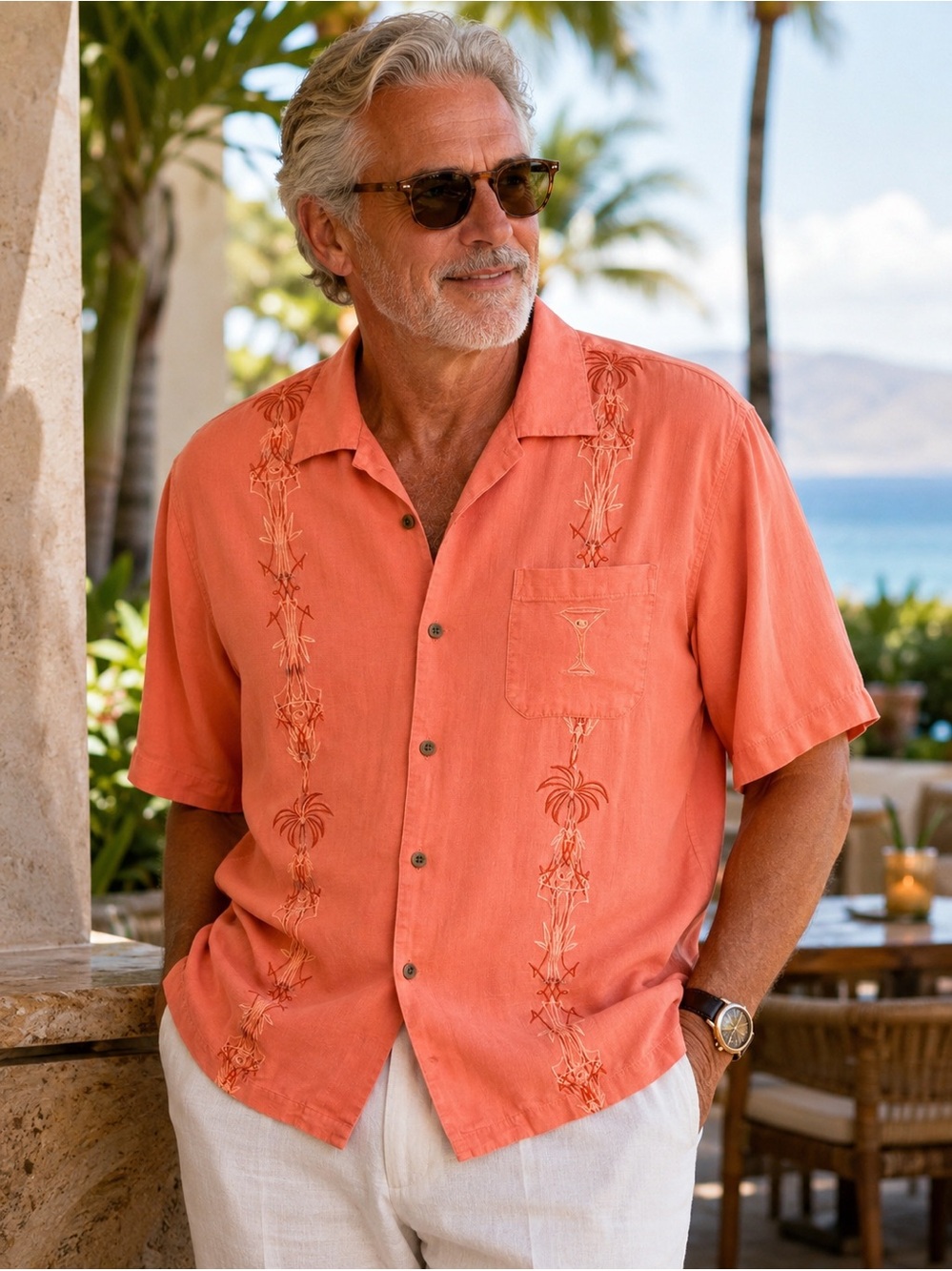 Tommy Bahama 100% Silk Camp Shirt Coral Salmon Palm Tree Embroidered